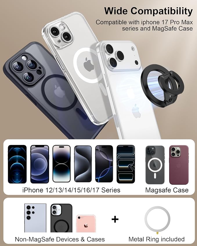 MagSafe Phone Grip Holder Dual-Sided Magnetic Finger Ring with Kickstand | for iPhone 17/16 Pro Max/15 Plus/14 Pro/13 Mini/12, Samsung, Magnet Phone Stand Grip Adjustable Loop for Mag Car Mount &Case