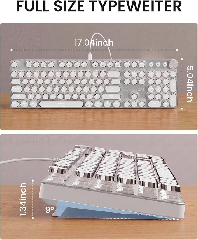EWEADN Wired Typewriter Mechanical Keyboard, Quiet White Linear Switches Retro Punk Style with Media Knob, Elegant Backlit Metal Panel, 104-Key Round Keycaps Cute Keyboard for Windows PC - Pure White