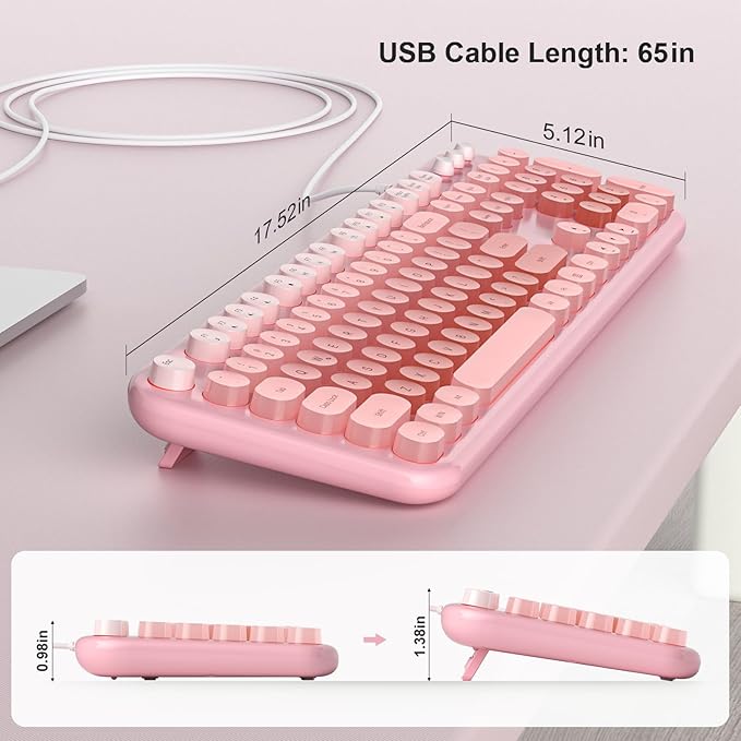 Computer Keyboard Wired, Plug and Play USB Retro Round Typewriter Keyboard, Full Size Wired Keyboard with Foldable Stands for Laptop and Office PC