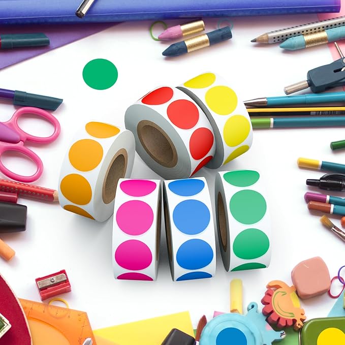 3/4" Round Color Coding Circle Dot Sticker Labels, 6 Colors | 6 Rolls (500/Roll) - 3000 PCS, Self Adhesive Dots Stickers, for Toddler/Office/Family/Student Classroom, BPA free & Easy Peel