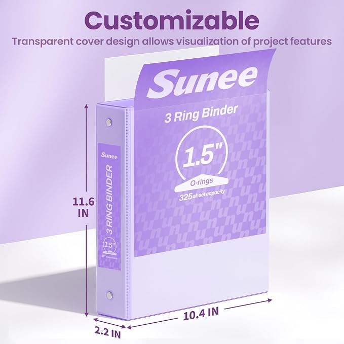 SUNEE 3 Ring Binder 1.5 Inch 2 Pack, Clear View Binder Three Ring PVC-Free (Fit 8.5x11 Inches) for School or Office Supplies, Purple