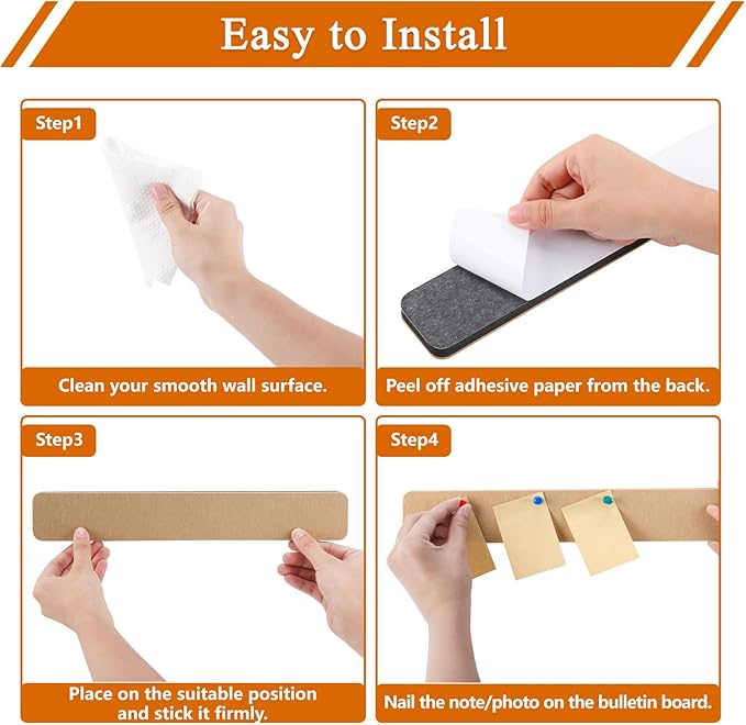 8Pcs Rectangle Felt Cork Board Bar Strips with 35 Pushpins, Self-Adhesive Bulletin Board Strips for Office School Home Wall Decor Stickers Memos Schedules Photos Display -Gradual Blue