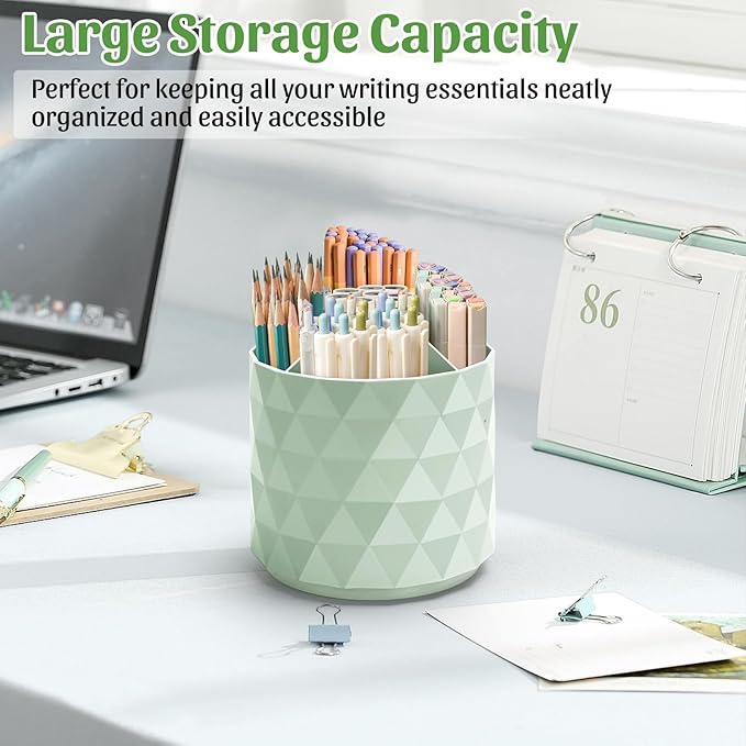 minimaliving Desk Organizer,Sparkling Diamond-like Pen Holder for Desk 360°Rotating Office Accessories,Pencil Cup with 5 Compartments Storage Box Caddy for Office,School,Home,Art Supply(Green)