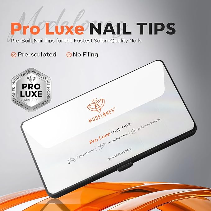 modelones Pro Luxe Instant Nail Apex Tips 15 Sizes, Medium Coffin Extension Gel Tips Pre-building & Pre-etched Thicker Strength Acrylic Fake Nails Full Cover 240 Pcs