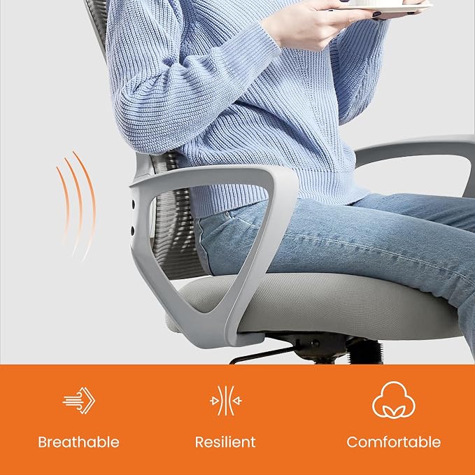Sweetcrispy Executive Home Office Chair, Mesh Office Chair, Grey | Ergonomic Executive, Adjustable Height, 360° Swivel Wheels, Mid-Back, Comfy Arms, Bedroom, Study, Student