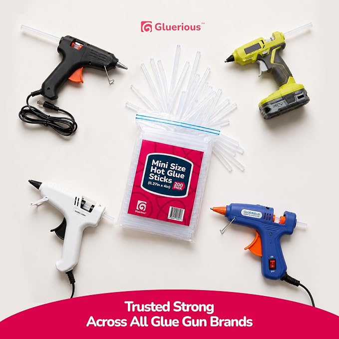 Gluerious Mini Hot Glue Gun Sticks, 200 Pack - 4" Length, 0.27" Diameter for Small Glue Guns - Bulk Clear Glue Sticks for Crafts, Wreaths, Home Decor, School Projects and Repairs