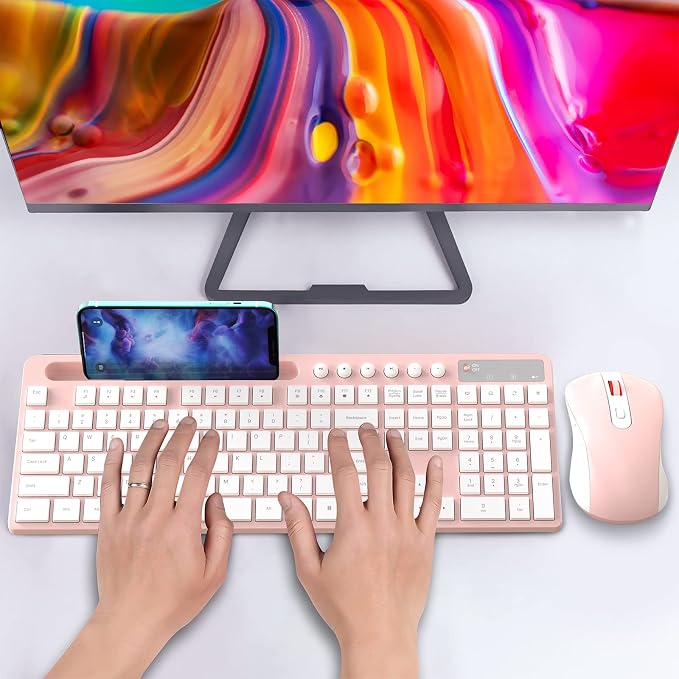 Wireless Keyboard and Mouse Combo, MARVO 2.4G Ergonomic Wireless Computer Keyboard with Phone Tablet Holder, Silent Mouse with 6 Button, Compatible with MacBook, Windows (Pink)