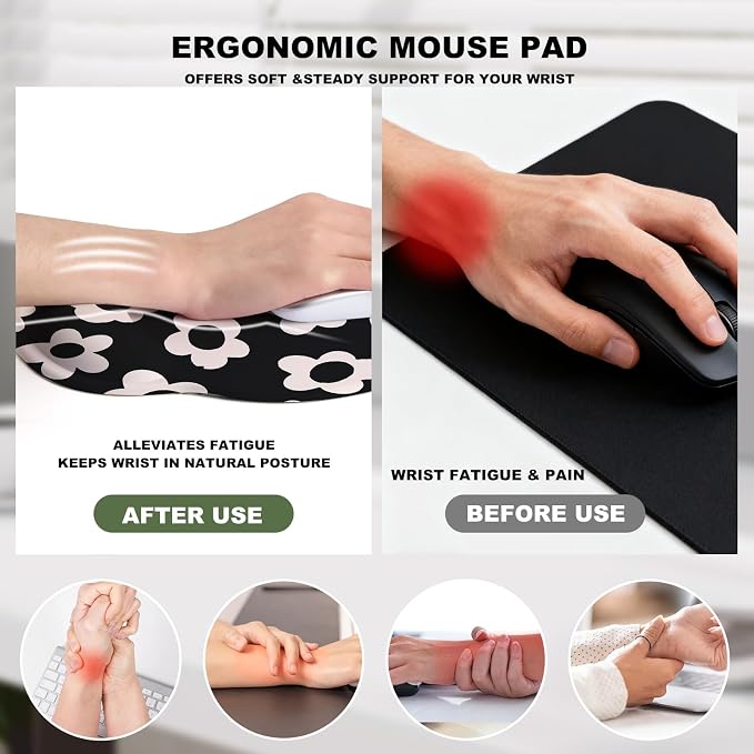 Cute White Flowers Mouse Pad with Gel Wrist Support, Smooth Surface Ergonomic Mouse pad, Non-Slip Pain Relief Desk Mat for Gaming, Work & Office Desktop