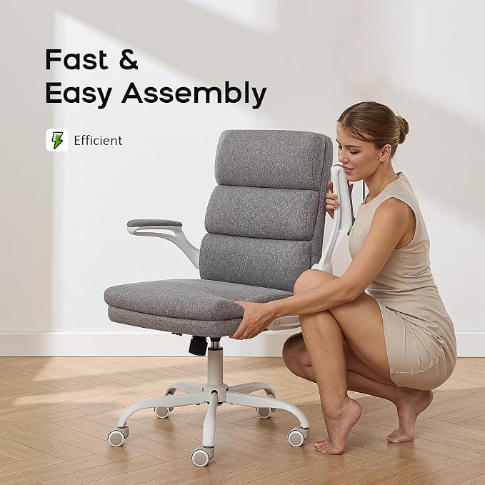 amseatec Small Desk Chair, Comfy Office Chair, Flip-Up Arms for Home | 3-zone mid backrest and dual-layer cushion add comfort; PU upholstery, 90° upright lock, 115° tilt, rocking mode;300lbs