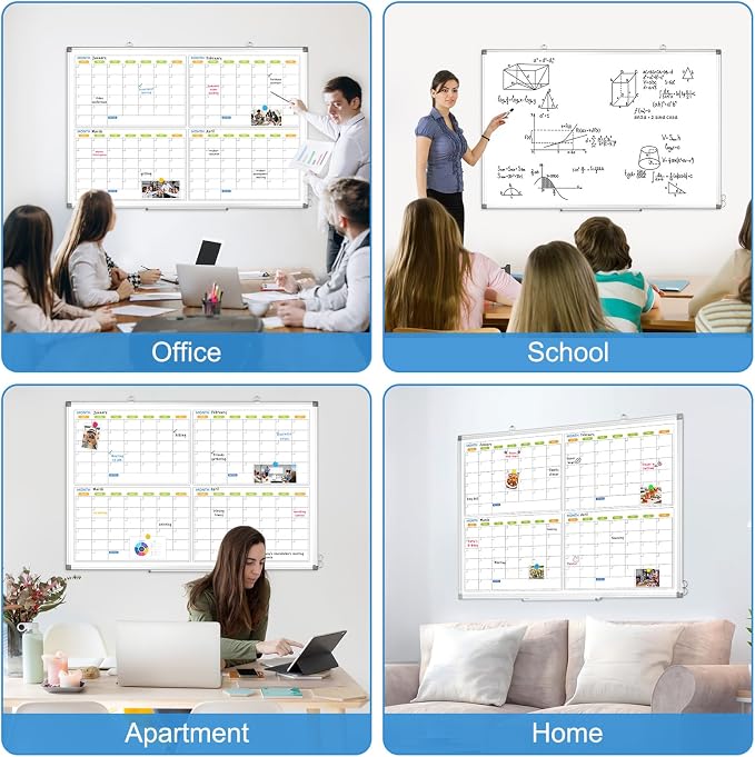 Dry Erase Calendar for Wall 4 Month, 48" x 36" Large White Board Calendar | Double-Sided Magnetic, Silver Aluminum Frame, Hang Wall Mount, Monthly Planner Board for Home Office School