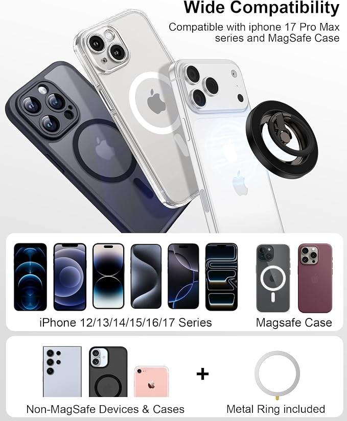 Dual-Sided Magnetic Phone Ring Grip for Apple iPhone 17 16 15 Pro, Android | iPhone Ring Holder Grip 360° Rotatable Mag Safe Kickstand Accessory for iPhone 17/16/15/14/13/12, Samsung, Mag Car Mount