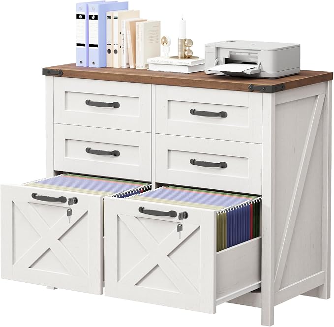 Halitaa Farmhouse Lateral File Cabinet with 6 Drawers, Rustic White | Lateral Filing Cabinet with Lock for Letter/A4 Size Hanging File, Wood File Storage Cabinet Printer Stand for Home Office