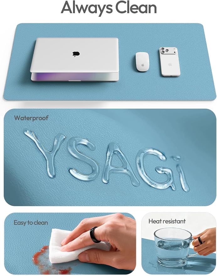 YSAGi Leather Desk Protector, Office Mat, Large Mouse Mat, Non-Slip PU Leather Blotter, Laptop Desk Mat, Waterproof Writing Pad for Office and Home(Sea Blue, 42" x 17.2")