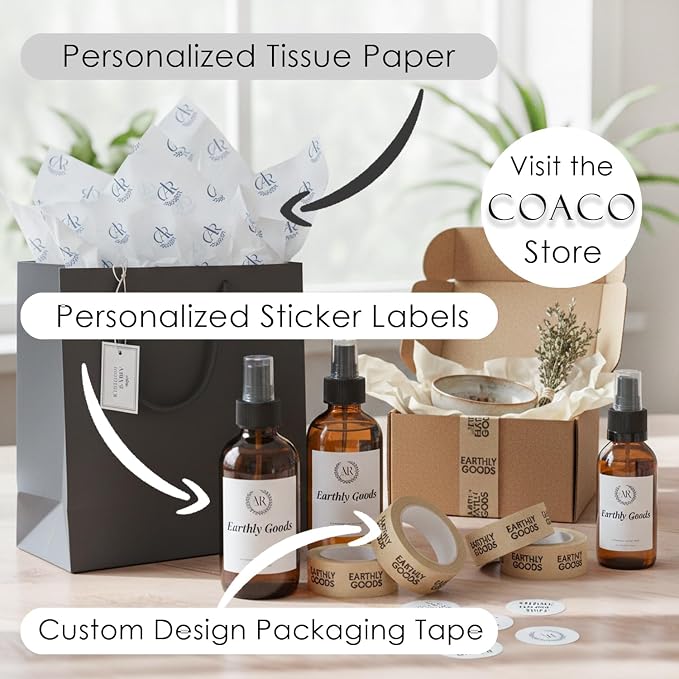 COACO Custom Packaging Tape for Small Business Shipping | Personalized Logo & Design, Water Activated, Reinforced Gummed Kraft Paper Base, Strong, Eco-Friendly Seal for Branded Boxes, Kraft (50')