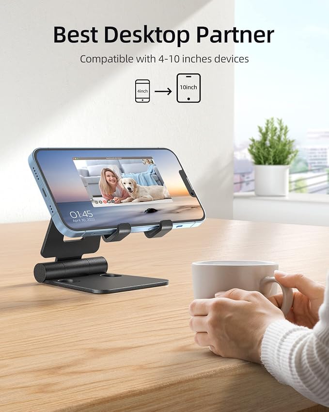 Nulaxy 2 Pack Aluminum Dual Folding Cell Phone Stand Desk, Black&Rose Gold | Height Angle Adjustable, Portable Phone Holder Fits 18mm Thick Case, Anti-Slip Base, Smartphone Desktop Essential Accessory
