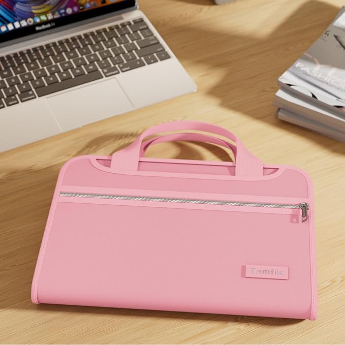 Tamfile Fireproof Accordion File Organizer, Expanding File Folder, Pink | 13 Pocket Colorful, Handle, Zipper & Labels, Multi-Pockets Paper Organizer, for Letter A4 Files, Home, Office, School