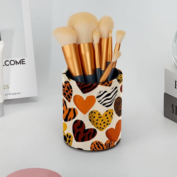 Leather Pen Holder for Desk, Leopard Heart Pencil Cup Pen Organizer Makeup Brush Holder for Office Home Kids Countertop Desk Accessory Storage