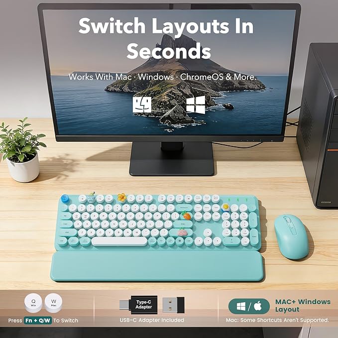 Wireless Keyboard and Mouse Combo, Full-Size Retro Typewriter Keyboard with Round Keycaps, Magnetic Wrist Rest, Tilt Legs, 2.4GHz Cordless for Mac, Windows PC, Laptop, SABLUTE CK23, Robin Egg Blue