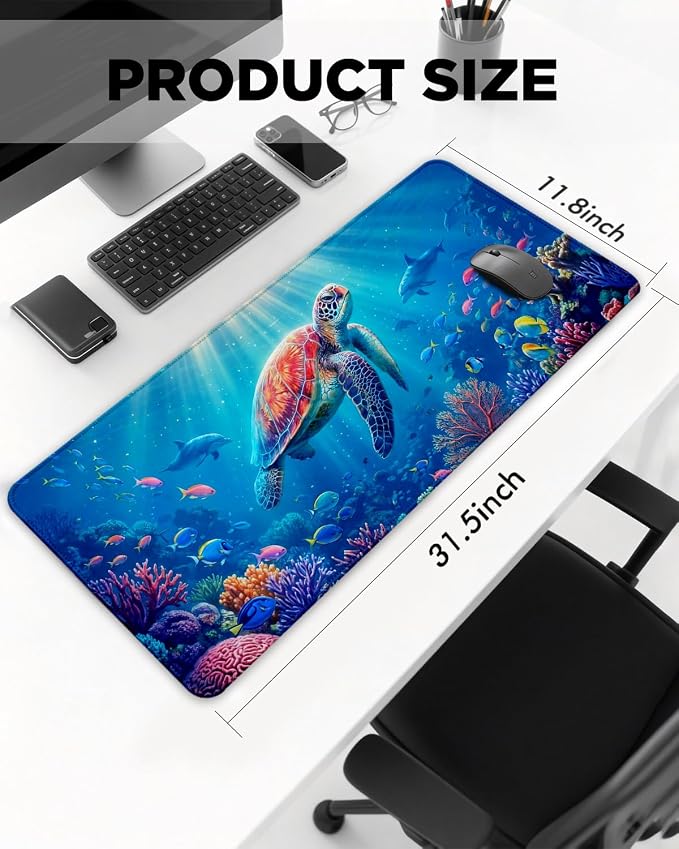Mouse Pad, Desk Mat, 31.5x11.8in Large Mousepad, Sea Turtle | Desk Pad with Stitched Edge & Rubber Non-Slip Bottom, Gaming Mouse Pad, Extended Mousepad for Home, Office