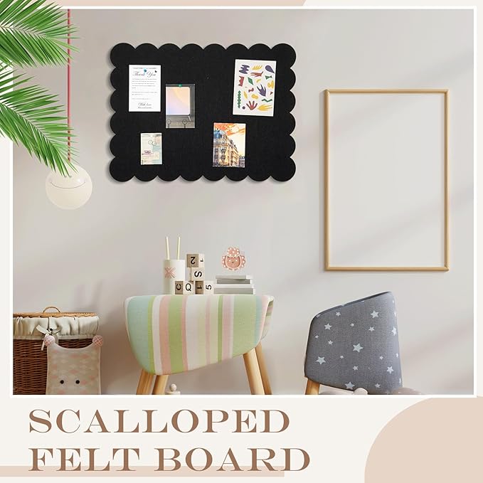 Mooliwe Scalloped Felt Bulletin Cork Board Foldable Black 24 * 18 Inch | 2' x 1.5' Trifold, Self Adhesive, Picture Vision Board, Cork Alternative for Wall, Pin Bulletin Decorative for Office Bedroom