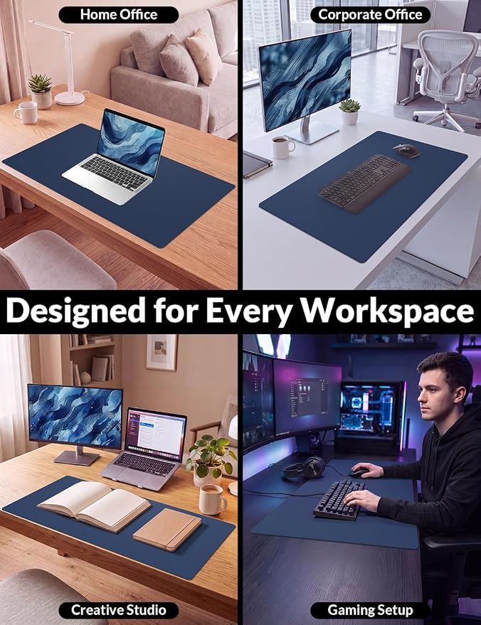 Leather Desk Mat 31.5" x 15.7", Non-Slip Waterproof PU Leather Desk Pad Protector, Large Mouse Pad & Writing Mat for Office, Home, Laptop and Keyboard, Denim Blue