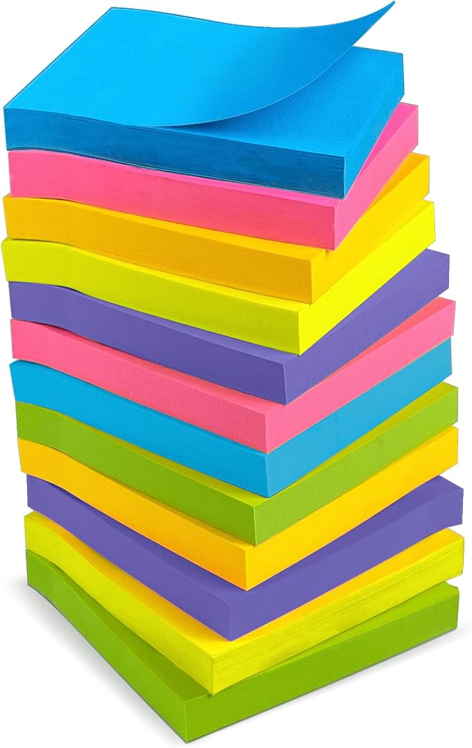 OHOME Sticky Notes - 12 Pads, 3”x3” - Colorful Self-Stick Post Notes Bulk - Office Desk Accessories | Teacher Classroom Must Haves,Aesthetic School Supplies for Home,Back to School Essential