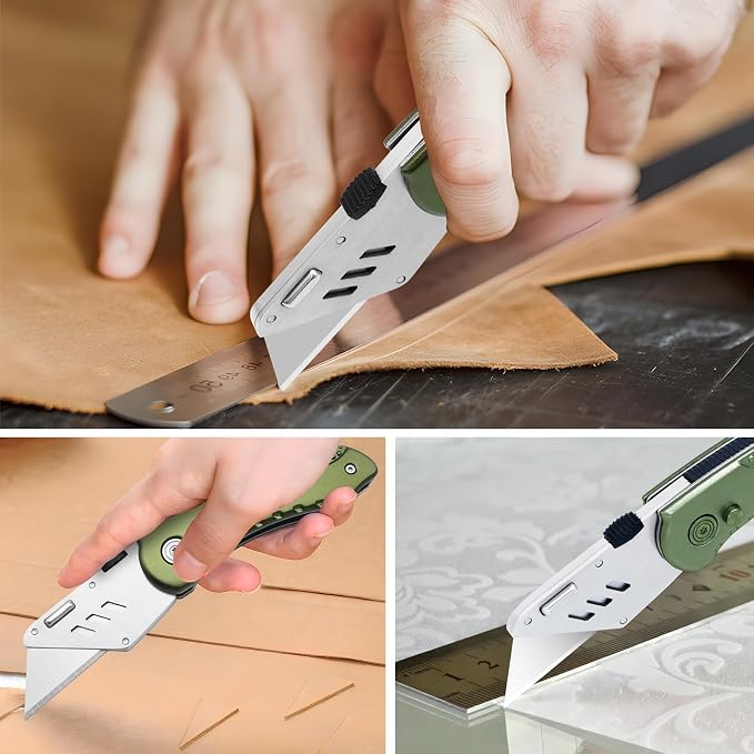 Vickay Folding Utility Knife, Heavy Duty Box Cutter, Razor Knife-OliveGreen | Quick Change SK5 Blades, Back-lock Mechanism, Lightweight Aluminum Handle, for Cartons, Cardboard, Boxes, Carpet, Leather