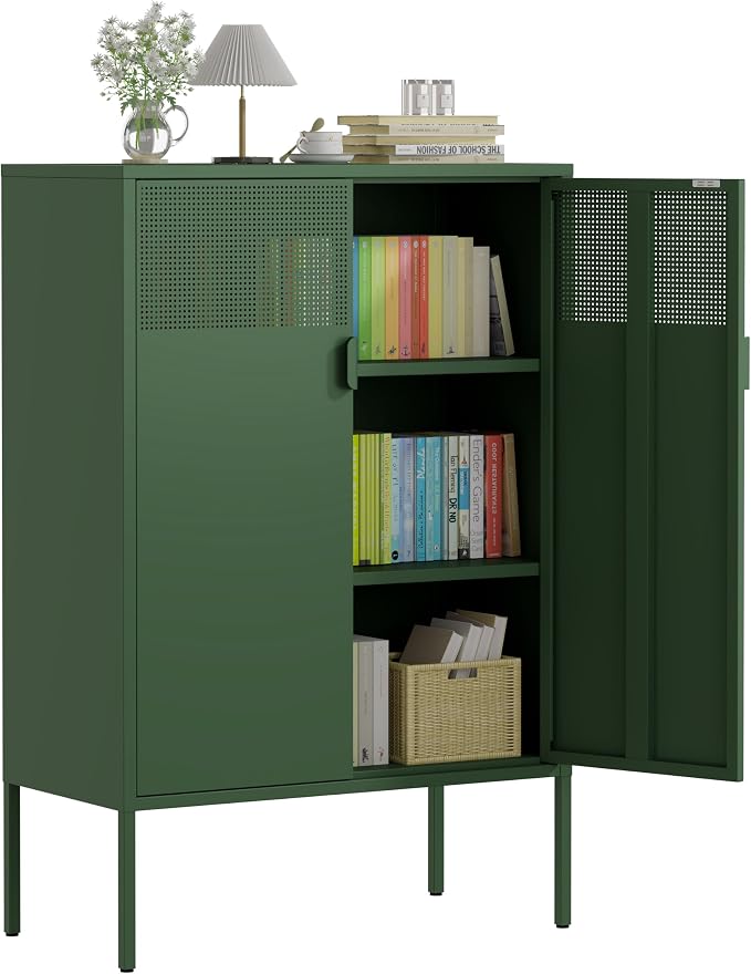 3-Tier Metal Storage Cabinet with 2 Adjustable Shelves & Mesh Doors | Metal Locker Accent Cabinet with Legs, Green Storage Cabinets, Metal TV Stand Cabinet for Home Office, Entryway & Hallway