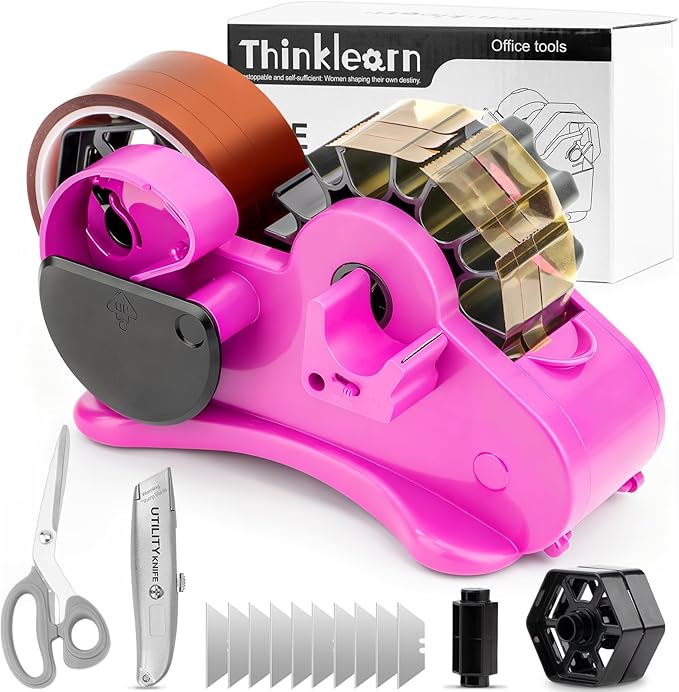 THINKLEARN Heat Tape Dispenser - Sublimation Heat Transfer Tape Dispenser with Scissors and Utility Knife, 1 '' & 3'' Core, Multi-Roll Pre-Cut Tape Dispenser for Crafting, PreCut 1.4'' Pieces, Pink