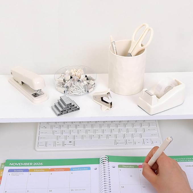 SKYDUE Office Supplies Set, Stapler and Tape Dispenser Set,10PCS | Desk Accessories Kit with Stapler, Tape Dispenser, Scissors, Clips & Staple Remover, for Home Office, School