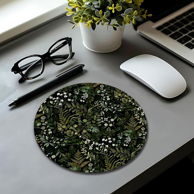 Dark Green Plant Mouse Pad, Cottagecore Vegetation Fern Leaves Botanical Mousepad Mouse Mat with Non-Slip Rubber Base for Home Office Desk Accessories, Green Office Supplies, 7.9x7.9 Inch