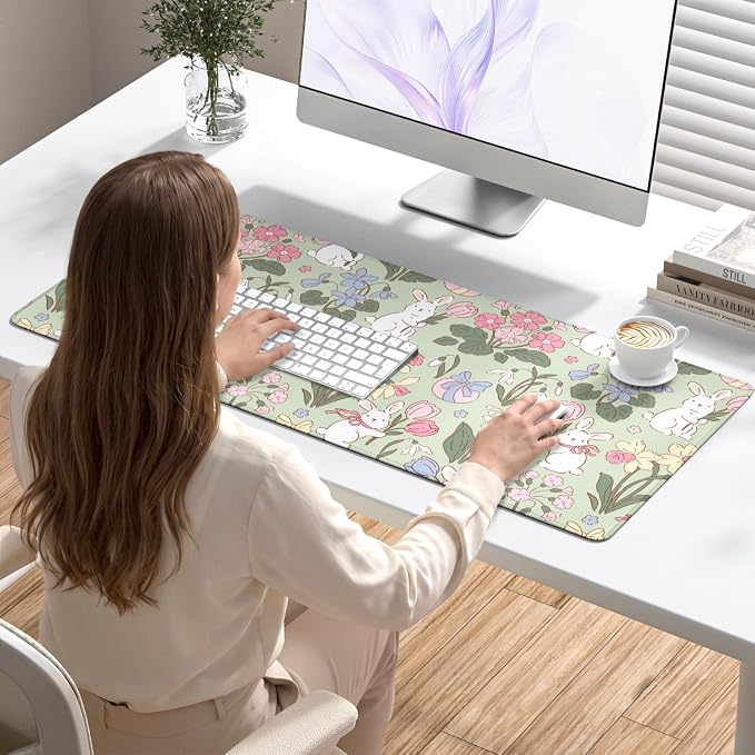 Desk Mat, Large Gaming Mouse Pad, 32" x 12", Cute Floral Bunny | Waterproof Desk Pad, Non-Slip Rubber Base, Desktop Mat with Stitched Edges, Desk Accessories for Office, Work, Home