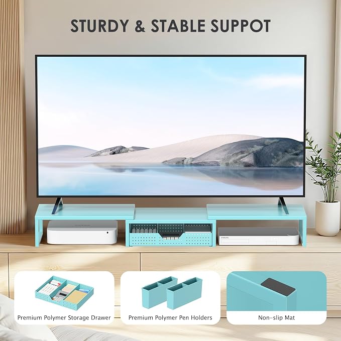 Desk Organizers and Accessories, Dual Monitor Stand Riser with Drawer and 2 Pen Holders, Desk Shelf Computer Monitor Stand for Office Workspace Organizers, Desktop Organization (Blue)