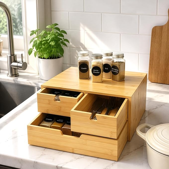 Bamboo Desk Organizer, 100% Natural Bamboo Desktop Drawer Organizer, Tabletop Storage Cabinet Organization Box with 3 Drawers for Home Office Supplies, Makeup, Letter, 2-Layer, Fully Assembled