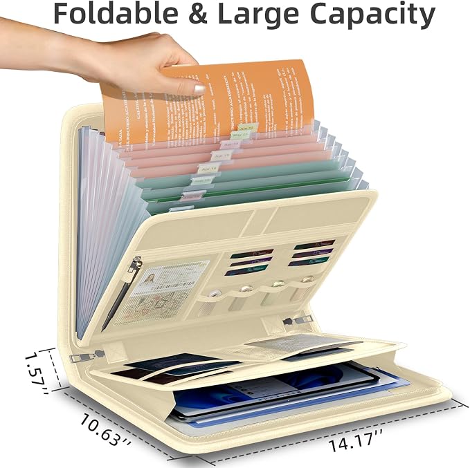 Fireproof Accordion File Organizer, Expanding File Folder with 13 Pockets | Portable Document Organizer with Waterproof Zipper & Labels, File Organizer for Important Document/Paper Storage, Khaki