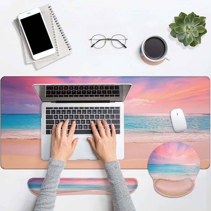 Arttown Keyboard Mouse Pad Set, 4 in 1 Desk Mat Set Beach Ocean Turquoise | Sky Dusk Large Mousepad+Keyboard Wrist Rest+Mouse Wrist Rest+Coaster Ergonomic Design for Home Office Computer