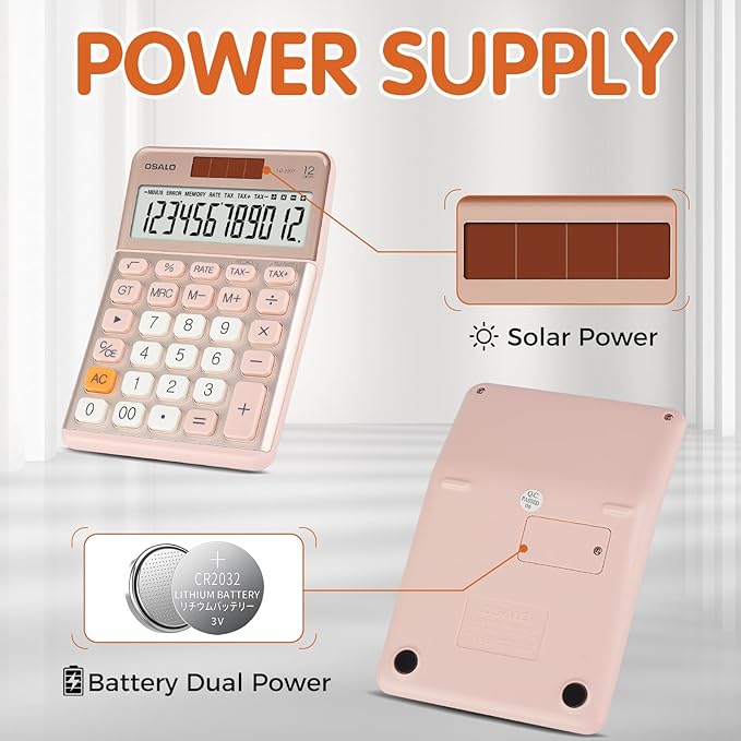 Pendancy Pink Tax Calculator for Desk, 12-Digit Large LCD, Solar & Battery | Pocket Calculator for Accounting with Big Buttons, TAX+/TAX-, 3.5-Inch Display, Metal Panel, GT/MU, Memory and 8-Min Auto-Off
