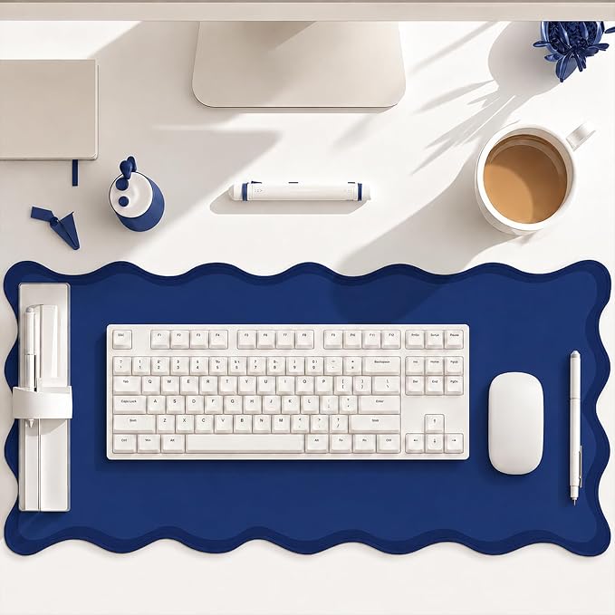 Hahafelt Scalloped Desk Mat Waterproof,Navy Blue,31.5 X 15.8 Inches | Coquette Preppy Style for School Office Makeup Vanity, Nonslip Gaming Desktop Protector with Scalloped Stitched Edge Mat