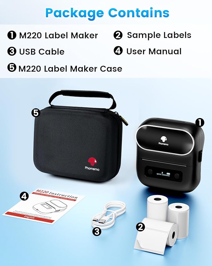 Phomemo Label Maker, M220 Thermal Label Printer | 3 Inch Bluetooth Barcode Printer Compatible with Andriod / iOS for Home, Office, Small Business, with 3 Packs Label & Case
