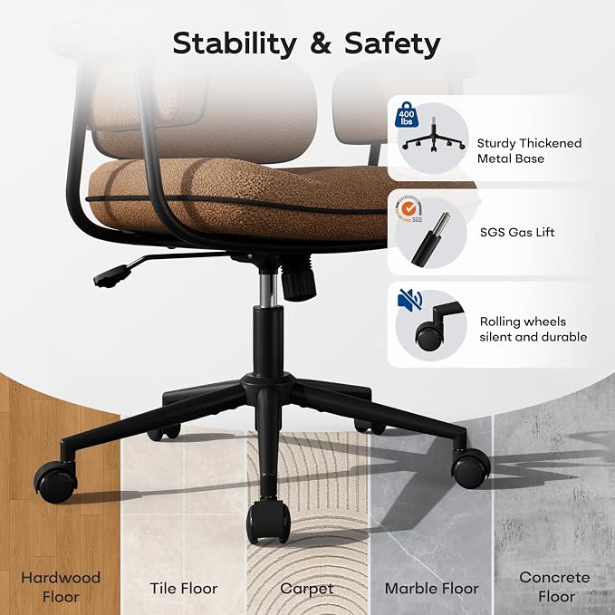 Brown Office Chair, Memory Foam Seat Mid Century Modern Desk Chair | 3.9" Sloped U-Shaped Memory Foam Cushion, Granular Linen Fabric, Lumbar Support, 1.2mm Sturdy Metal Tube, 400LBS Capacity