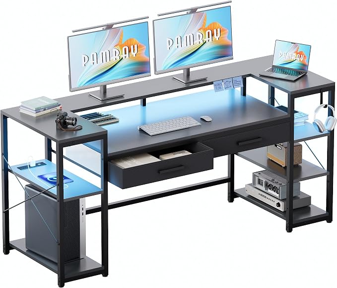 Pamray 58 Inch Gaming Computer Desk with Monitor Stand Drawers and Shelves | Ample Storage, Large Table with LED Lights & Power Outlets & USB Ports, Sturdy, Suitable for Gaming Home Office Work Study