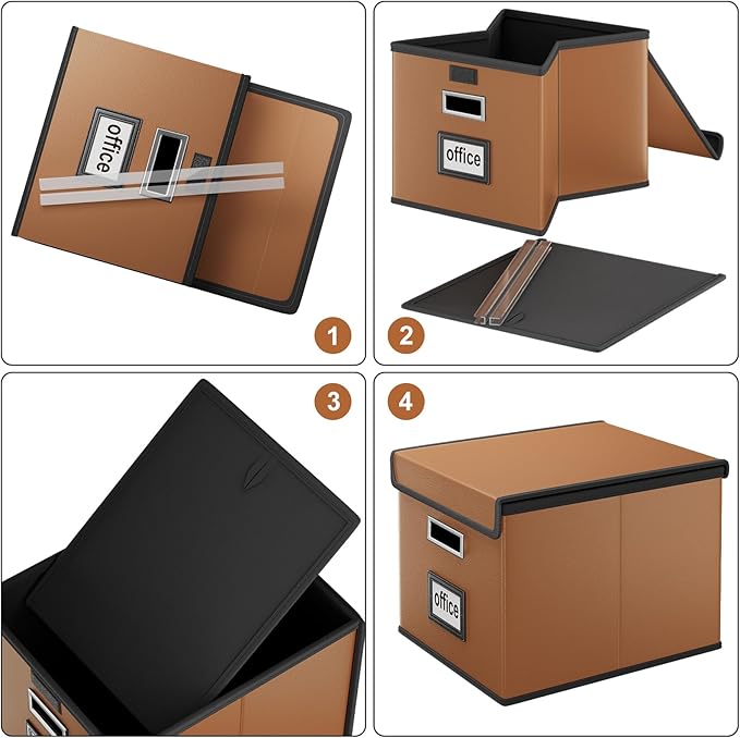 File Organizer Box with Lids, Collapsible File Folder Organizer | File Box with Plastic Slides for Document, Filing Bin for Letter Size Hanging File Folders (1 Pack, Caramel, Leather)