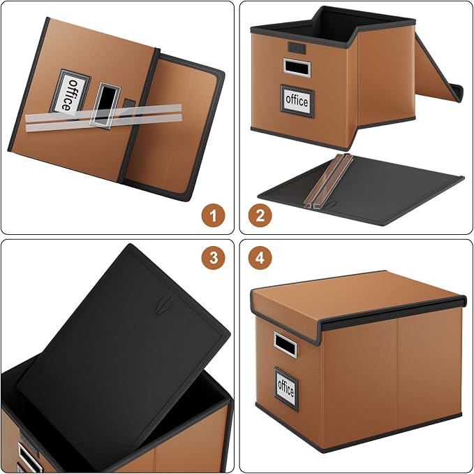 File Organizer Box with Lids, Collapsible File Folder Organizer | File Box with Plastic Slides for Document, Filing Bin for Letter Size Hanging File Folders (2 Pack, Caramel, Leather)