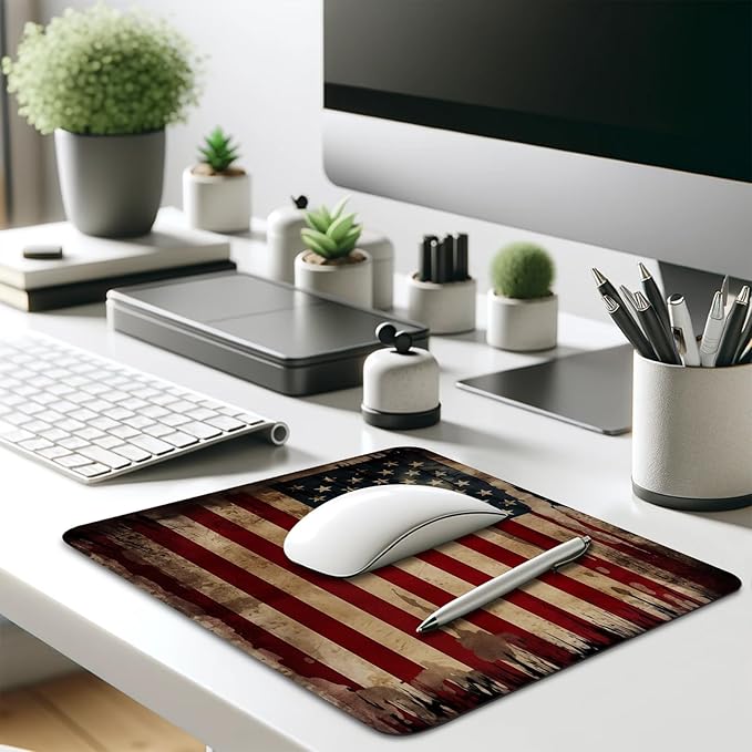 Vintage American Flag Mouse Pad - Patriotic Durability for Your Desk, Stitched Edges Non-Slip Rubber Base Mouse Pads for Computers Laptop