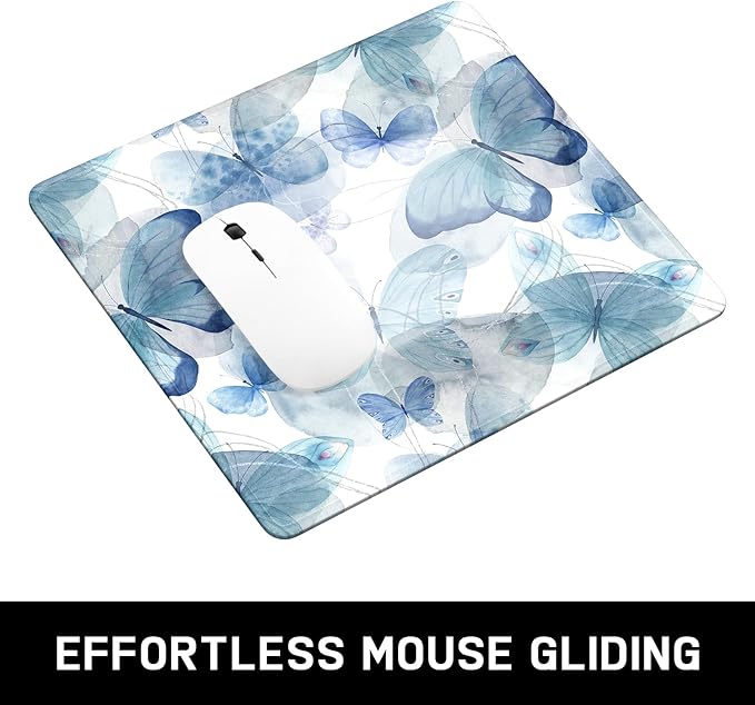 Mouse Pad, Minimalism Marble Style Computer Pad, Anti-Slip Rubber Mouse Mat with Stitched Edges for Gaming, Office, Laptop, PC, Women, 9" x 8" Thick 3 mm, Blue Butterfly