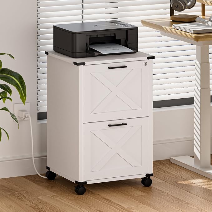 Onelike Small Wood File Cabinet with Charging Station and Lock, 2 Drawers | Built-in 2 AC, USB & Type-C; 1 lock secures 2 drawers; Nightstand, Printer stand and Mobile under-desk cabinet; White