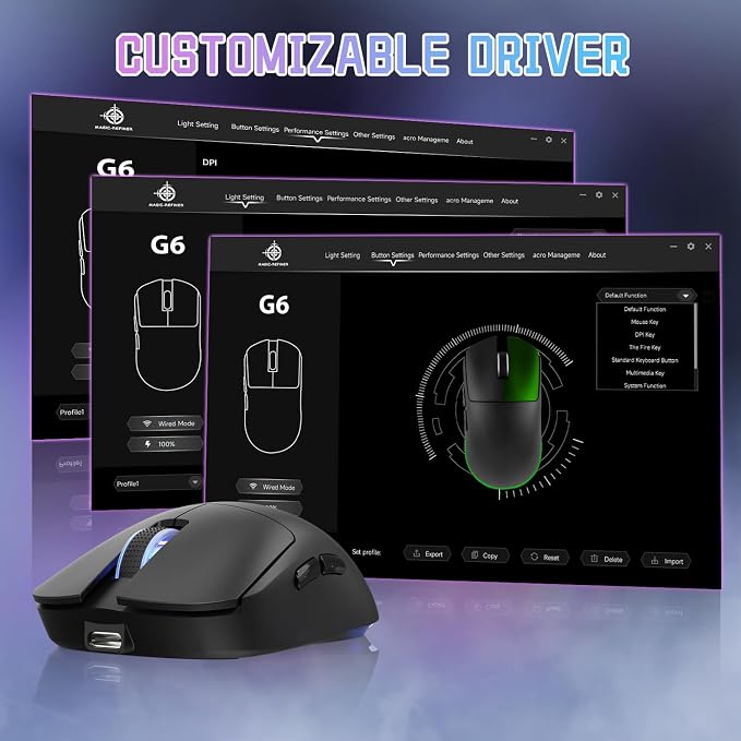 MAGIC-REFINER G6 Wireless Gaming Mouse,24000 DPI Adjustable,72g Lightweight Mouse,1000Hz Polling Rate,Tir-Mode BT/2.4G/ Wired Gaming Mouse,750mAh Battery,with Grip Tape for Gamer/Office/PC/Mac,Black