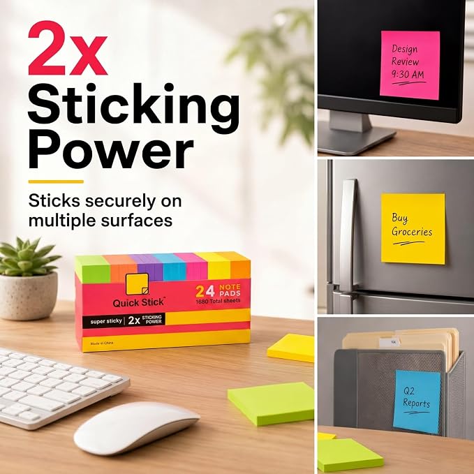 Sticky Notes, 24 Pads, 1680 Sheets Total, 3x3 in Bright Neon Colors, 2X Super Sticky Self-Stick Note Pads for Office, School, Home, Bulk Pack 70 Sheets Per Pad, Strong Hold Memo Notes