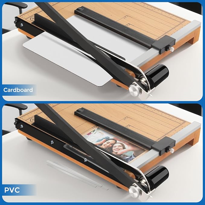 MROCO Heavy Duty Guillotine Paper Cutter & Paper Trimmer, 12" Cut Length | Automatic Clamp, Adjustable Guide, Safety Guard, Wood Base with millimeters/inches Gridlines, 12-16 sheets Capacity