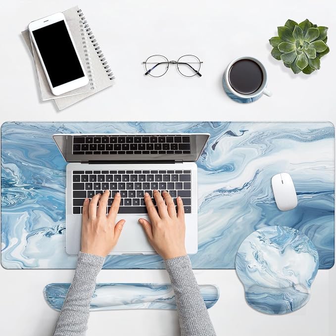 Arttown Keyboard Mouse Pad Set, 4 in 1 Desk Mat Set Marble Abstract | Ocean Blue Gradient Large Mousepad+Keyboard Wrist Rest+Mouse Wrist Rest+Coaster Ergonomic Design for Home Office Computer